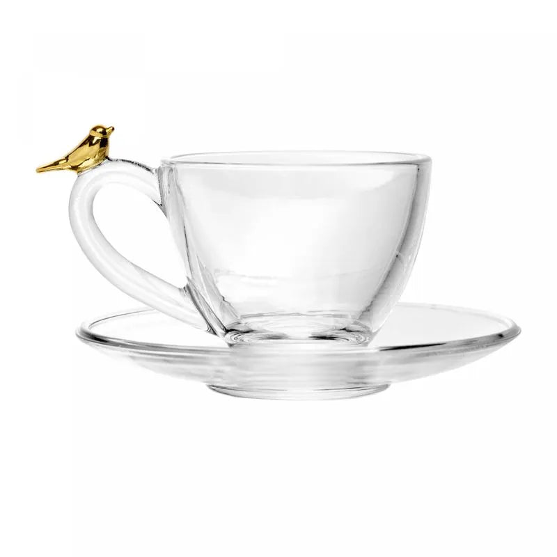 Conjunto de 4 xicaras para chá com pires bird golden 180ml cristal ecologico
