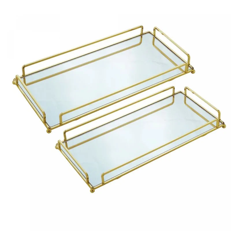 Conjunto de 2 bandejas decorativas metal dourada e espelho