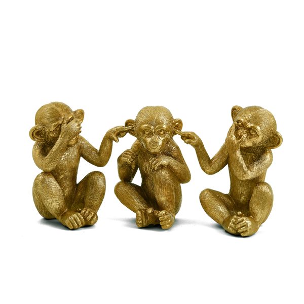 Kit 3 Esculturas Macacos Sábios em Poliresina Dourados