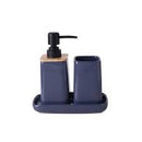 Kit banheiro em ceramica azul com detalhe em madeira e dispenser preto 3 peças
