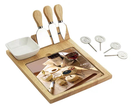 Conjunto de facas e tabua para queijo de madeira e vidro 10 pçs
