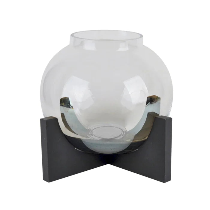 Vaso Redondo de Vidro Transparente com Base de Madeira Preta