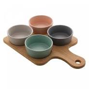 Conjunto de petisqueira com bandeja de bambu e 4 potes 21 x 32cm