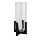 Vaso Cilindríco de Vidro Transparente com Base de Madeira Preta