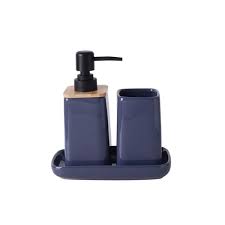 Kit banheiro em ceramica azul com detalhe em madeira e dispenser preto 3 peças