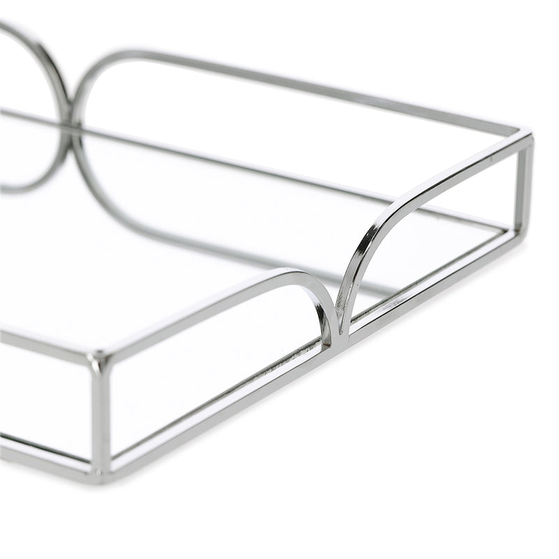 Conjunto de Bandejas Decorativas com Espelho e Estrutura em Metal Prateado – 2 Peças