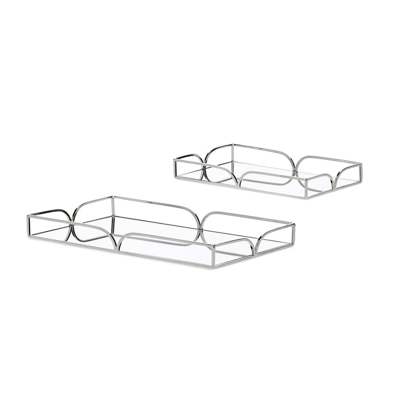Conjunto de Bandejas Decorativas com Espelho e Estrutura em Metal Prateado – 2 Peças