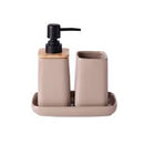 Kit banheiro em ceramica bege com detalhe em madeira e dispenser preto 3 peças
