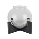 Vaso Redondo de Vidro Transparente com Base de Madeira Preta